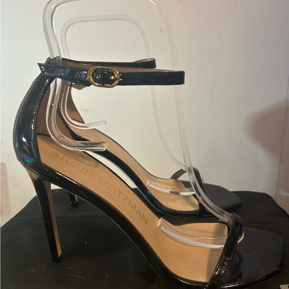 Stuart Weitzman Glossy Black Ankle Strap Heels